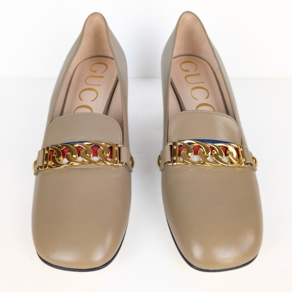 GUCCI Sylvie Loafer Pumps Tan Leather Mid-Heel Chain Web Stripe Women's EU 40 - Picture 7 of 12